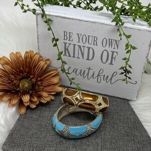 Hinged Metal Cuff Bangle Bracelets Blue & Brown